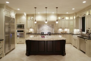 Traditional White Kitchen with Stained Brown Island